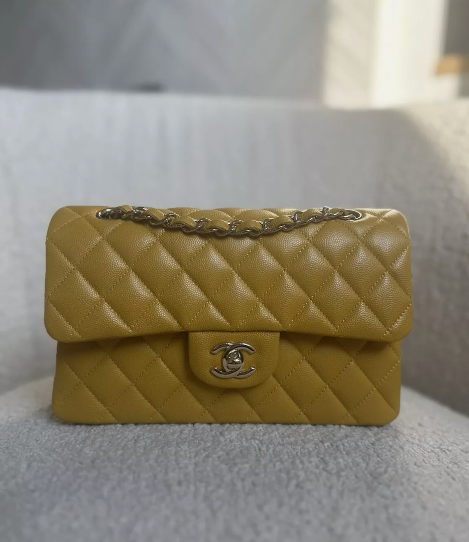 Chanel Yellow Double Flap Caviar Leather