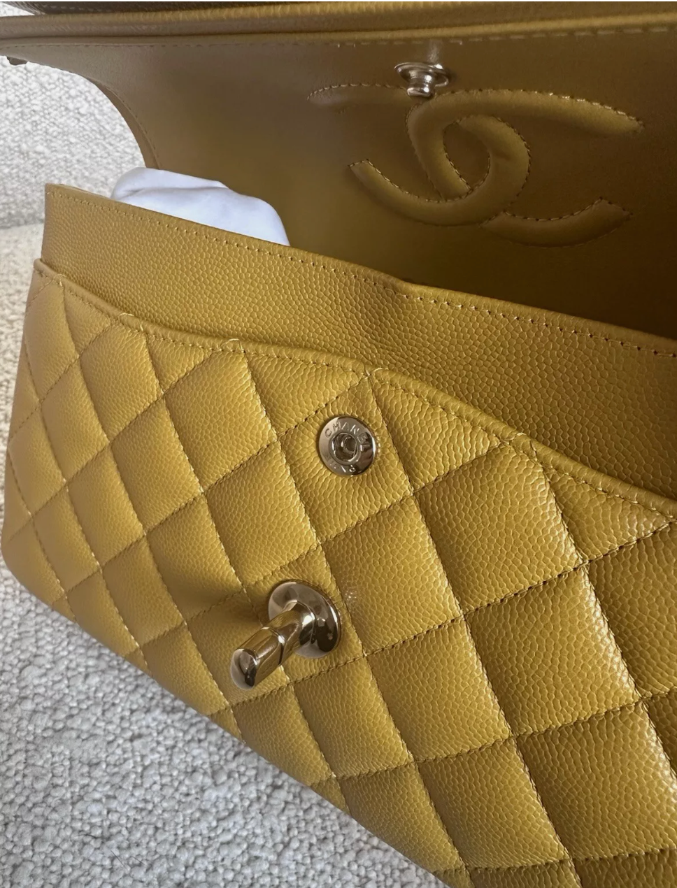 Chanel Yellow Double Flap Caviar Leather