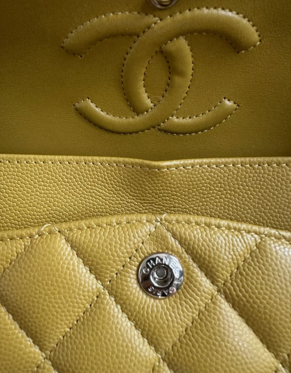 Chanel Yellow Double Flap Caviar Leather